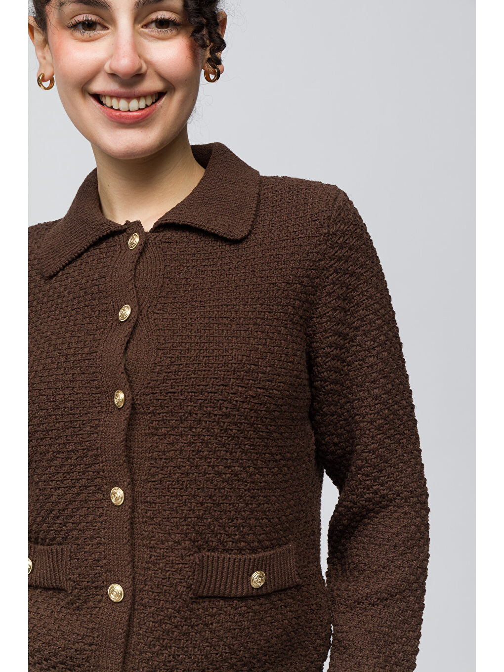 Seul   Gömlek Yaka Cep Detaylı Triko Hırka   Kahverengi Renk-2