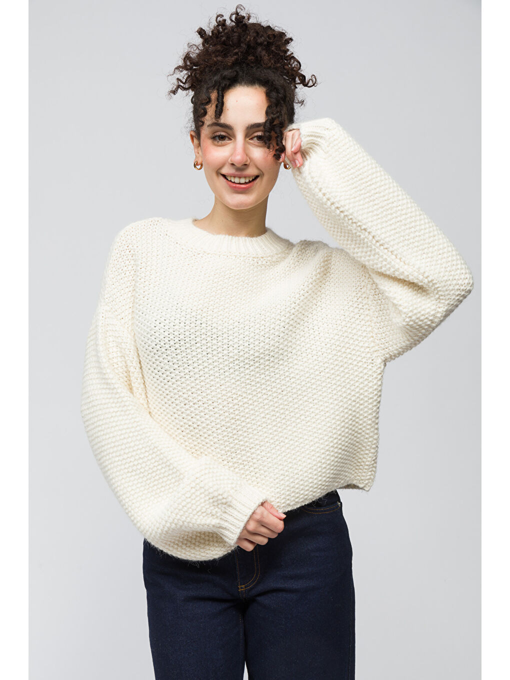 Sofya - Düz Bisiklet Yaka Triko Kazak - Ekru Renk