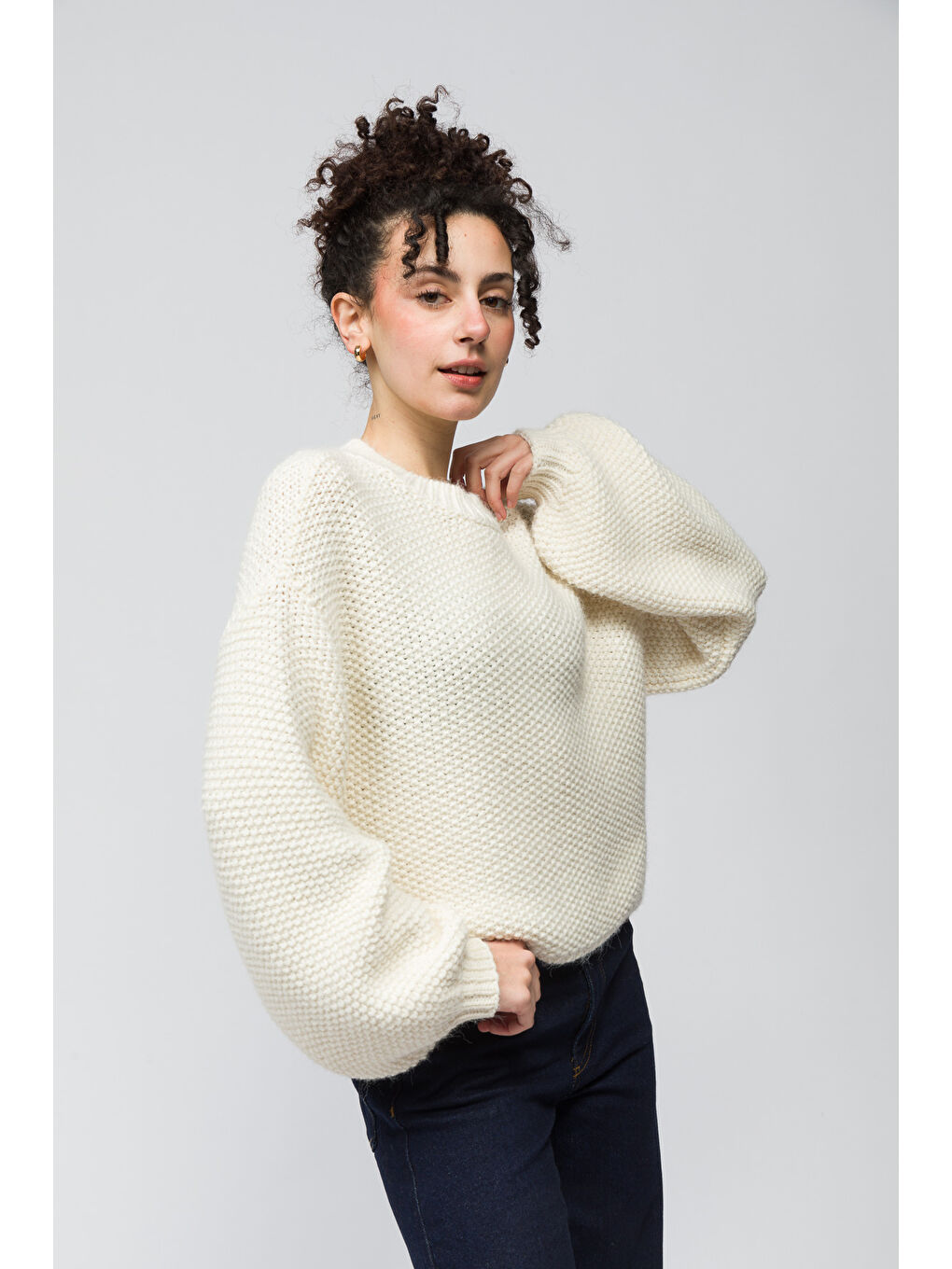 Sofya - Düz Bisiklet Yaka Triko Kazak - Ekru Renk-2