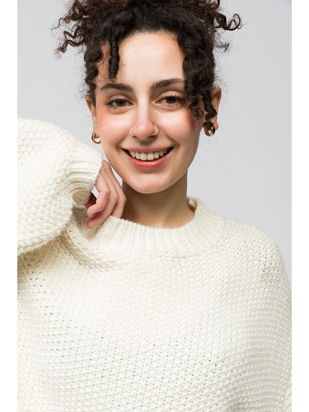 Sofya - Düz Bisiklet Yaka Triko Kazak - Ekru Renk-3