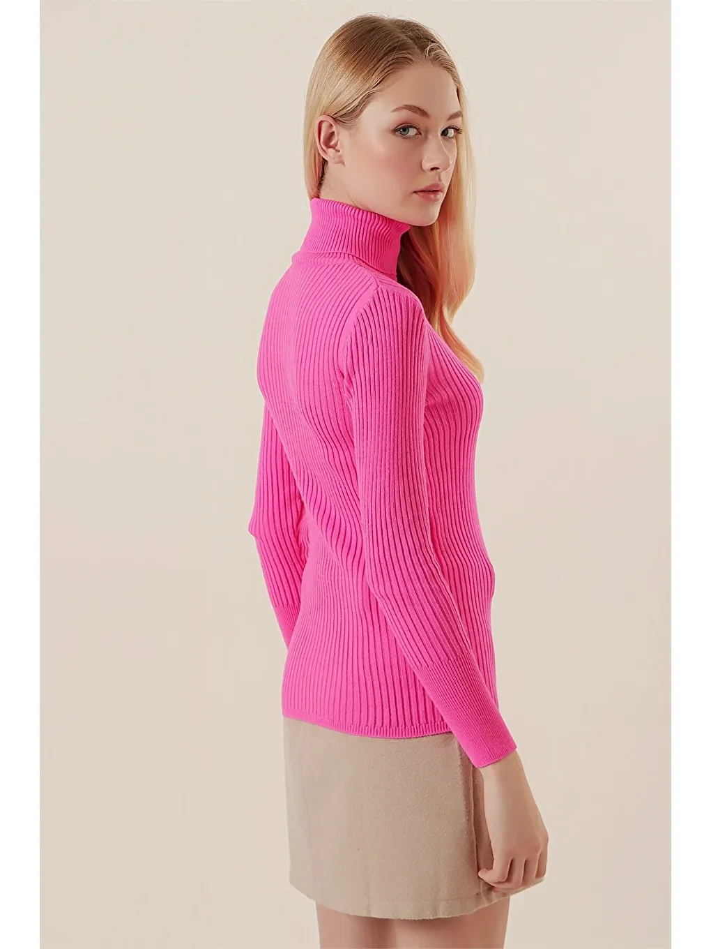 Fuşya Balıkçı Yaka Triko Kadın Kazak-3