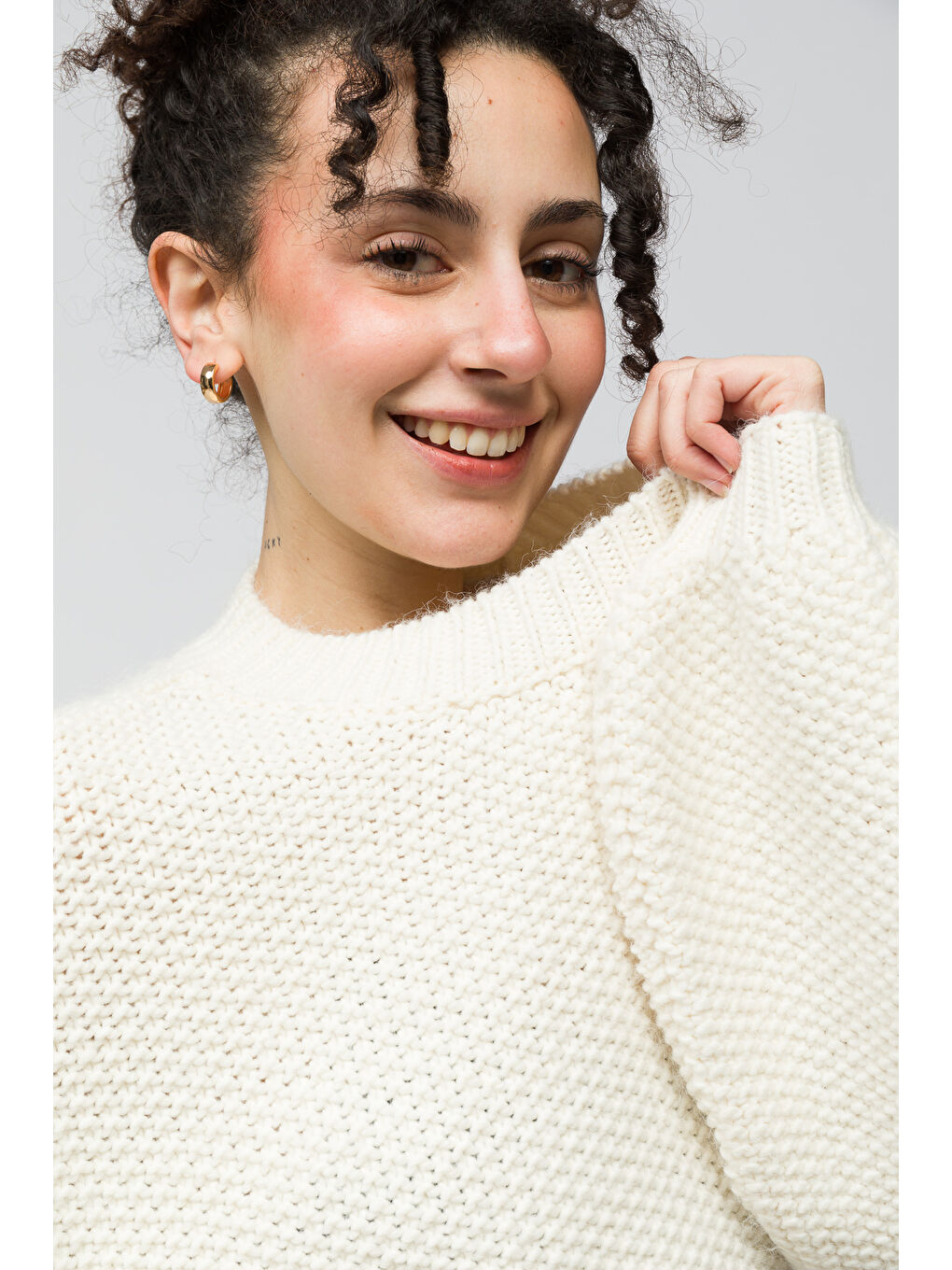 Sofya - Düz Bisiklet Yaka Triko Kazak - Ekru Renk-4