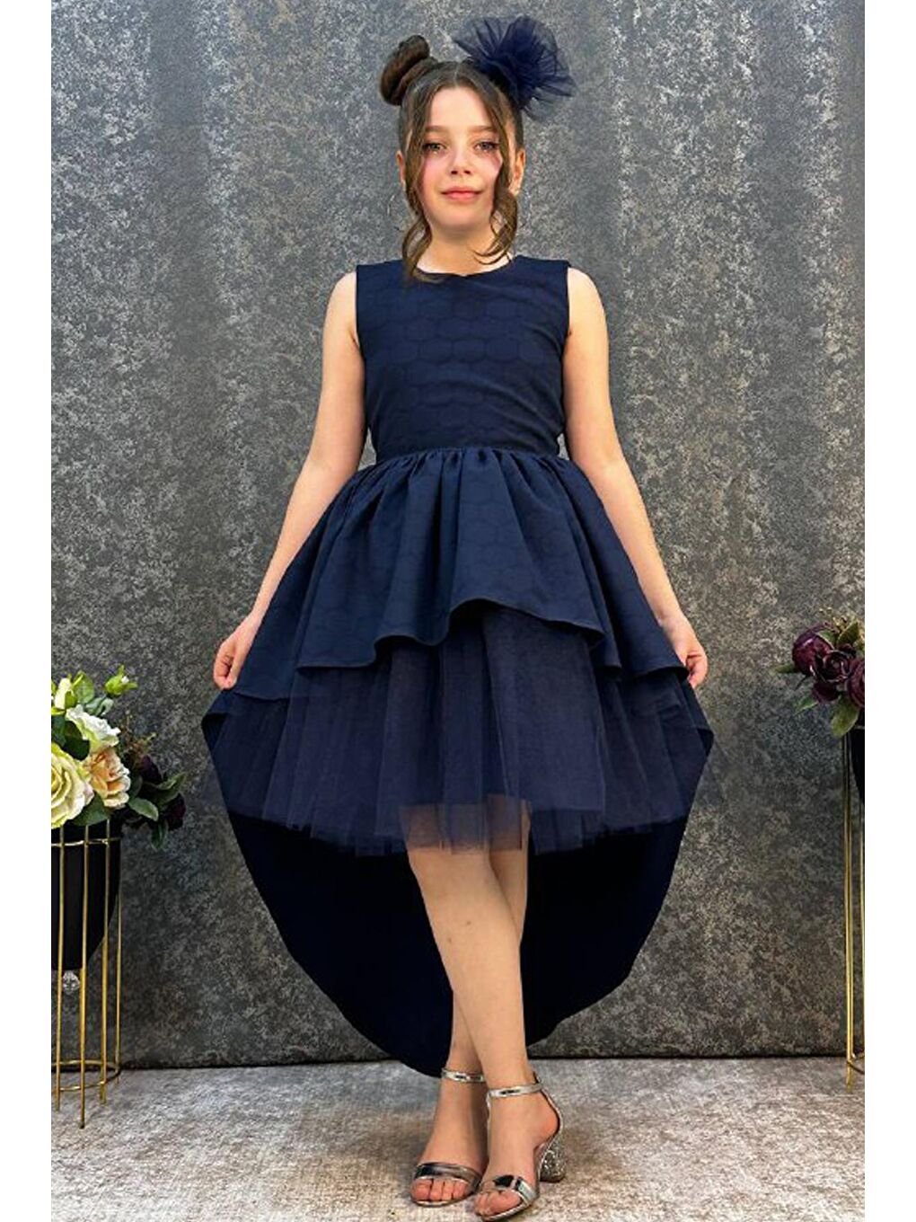 Kız Çocuk Önü Kısa Tül Detaylı Arkası Uzun Kurdela Detaylı Lacivert Abiye 6-9 Yaş