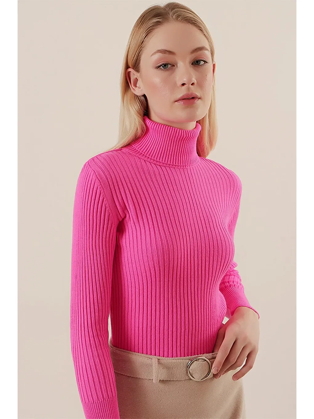Fuşya Balıkçı Yaka Triko Kadın Kazak-4