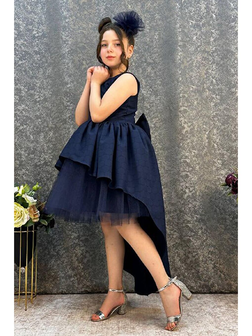 Kız Çocuk Önü Kısa Tül Detaylı Arkası Uzun Kurdela Detaylı Lacivert Abiye 6-9 Yaş-1