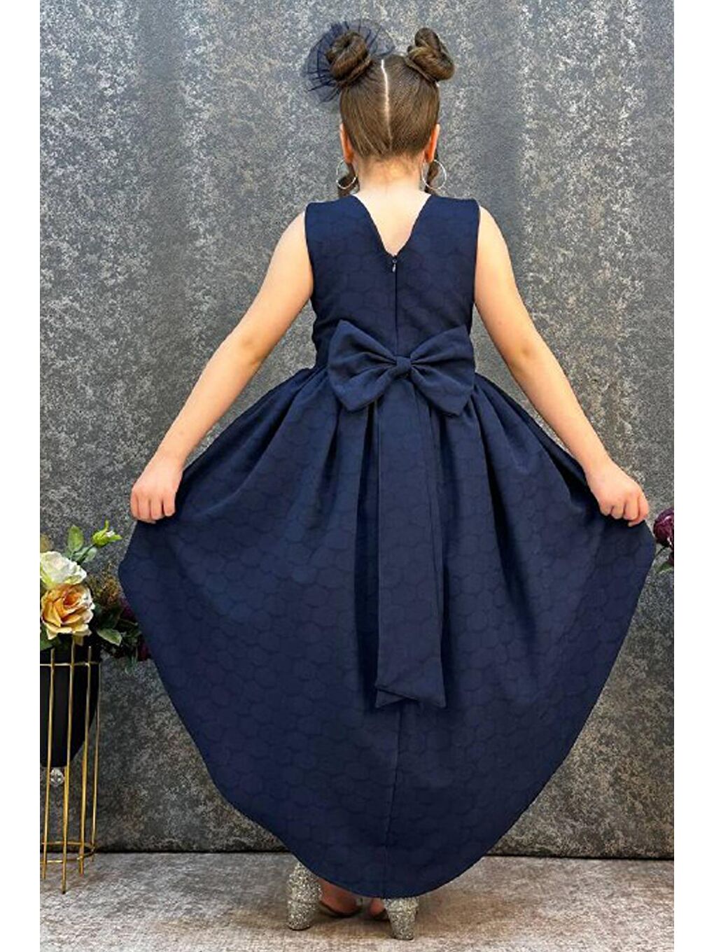 Kız Çocuk Önü Kısa Tül Detaylı Arkası Uzun Kurdela Detaylı Lacivert Abiye 6-9 Yaş-2