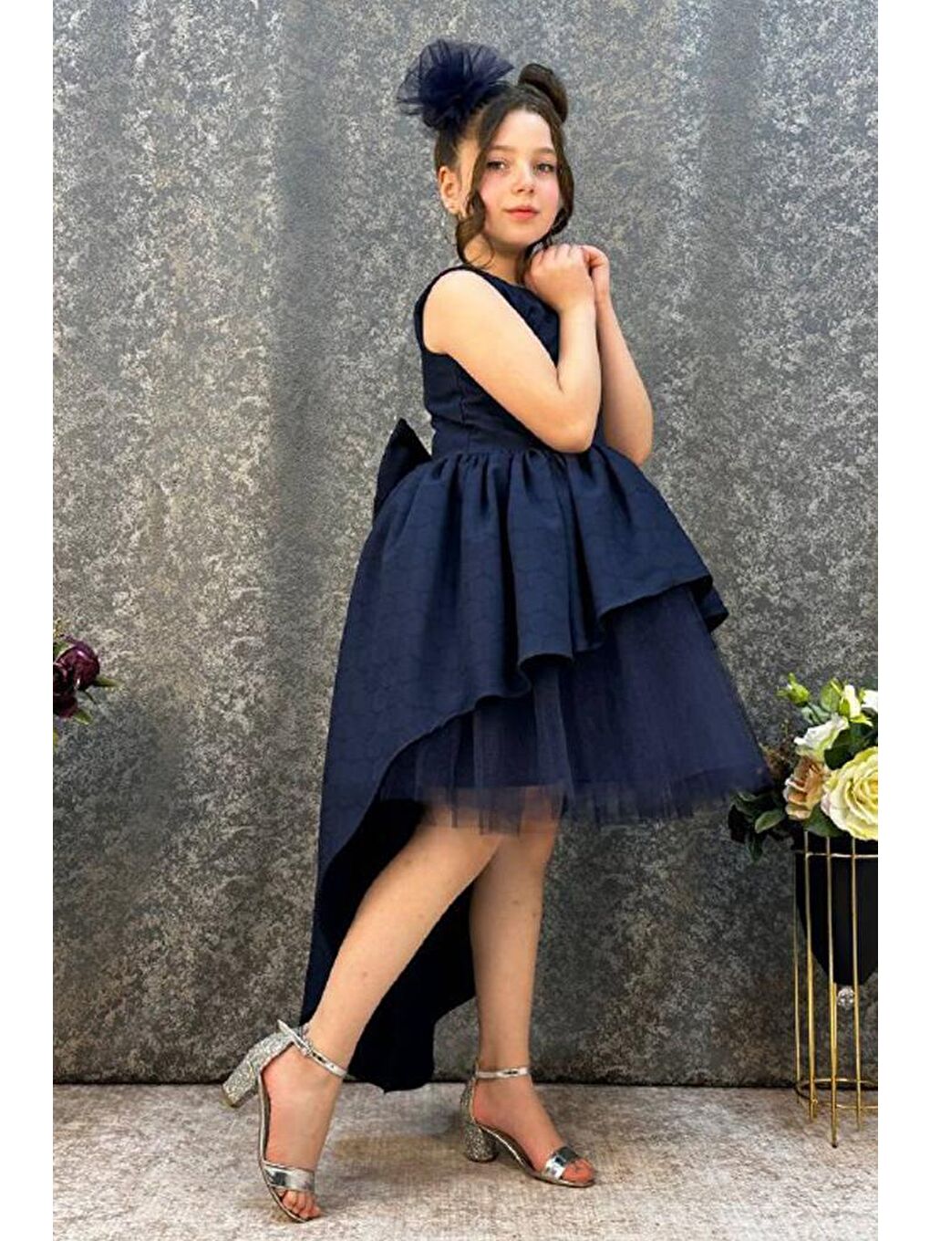 Kız Çocuk Önü Kısa Tül Detaylı Arkası Uzun Kurdela Detaylı Lacivert Abiye 6-9 Yaş-3