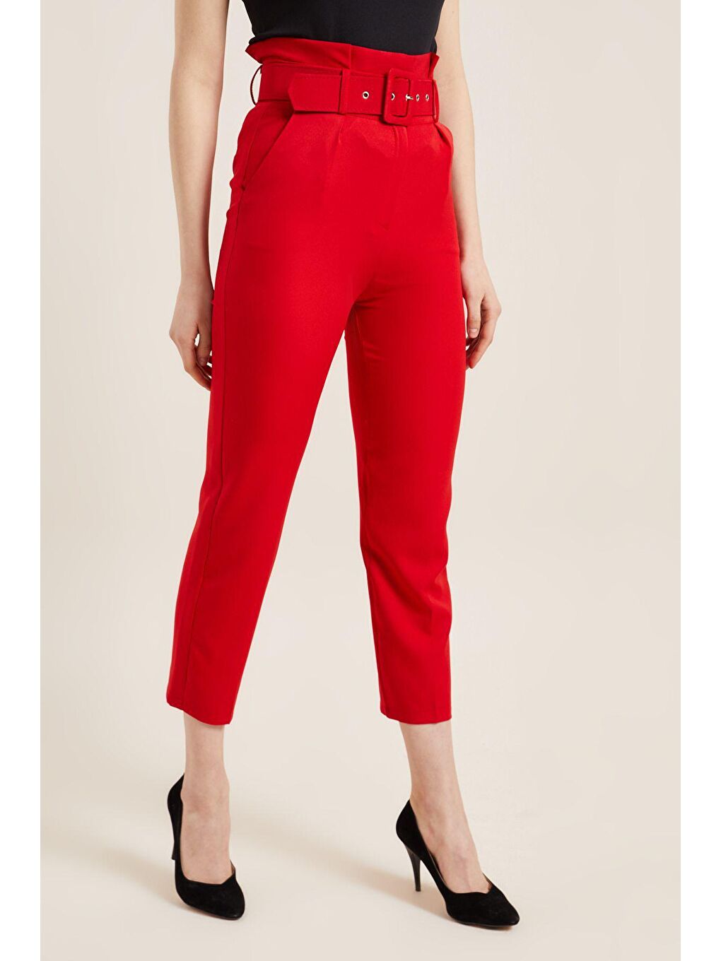 Kadın Kırmızı Kemerli Yüksek Bel Kumaş Pantolon-2