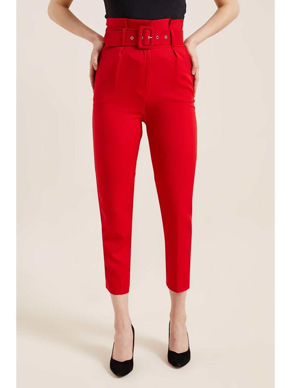 Kadın Kırmızı Kemerli Yüksek Bel Kumaş Pantolon-3