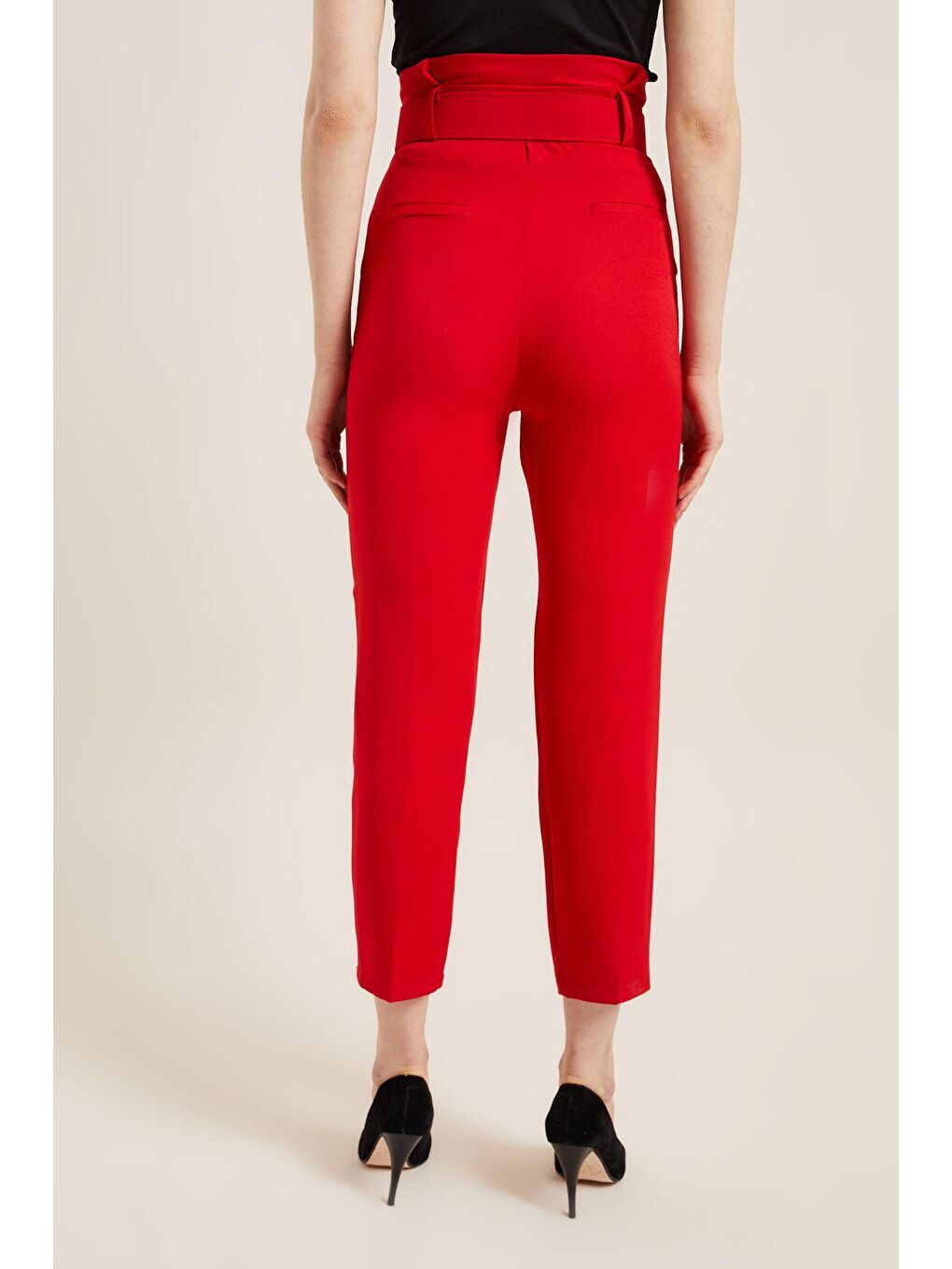 Kadın Kırmızı Kemerli Yüksek Bel Kumaş Pantolon-4