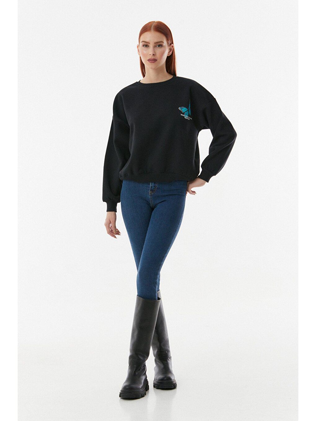 Siyah Kelebek Baskılı Oversize Sweatshirt-1
