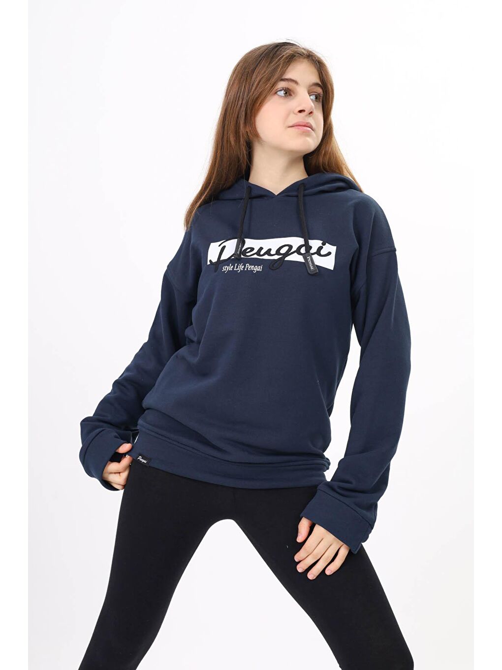 Lacivert Yazı Nakışlı Kapüşonlu Kız Çocuk Sweatshirt 16445