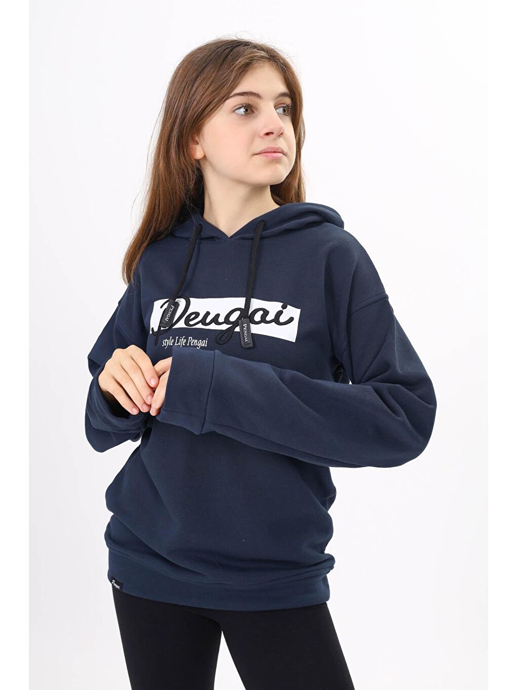 Lacivert Yazı Nakışlı Kapüşonlu Kız Çocuk Sweatshirt 16445-1