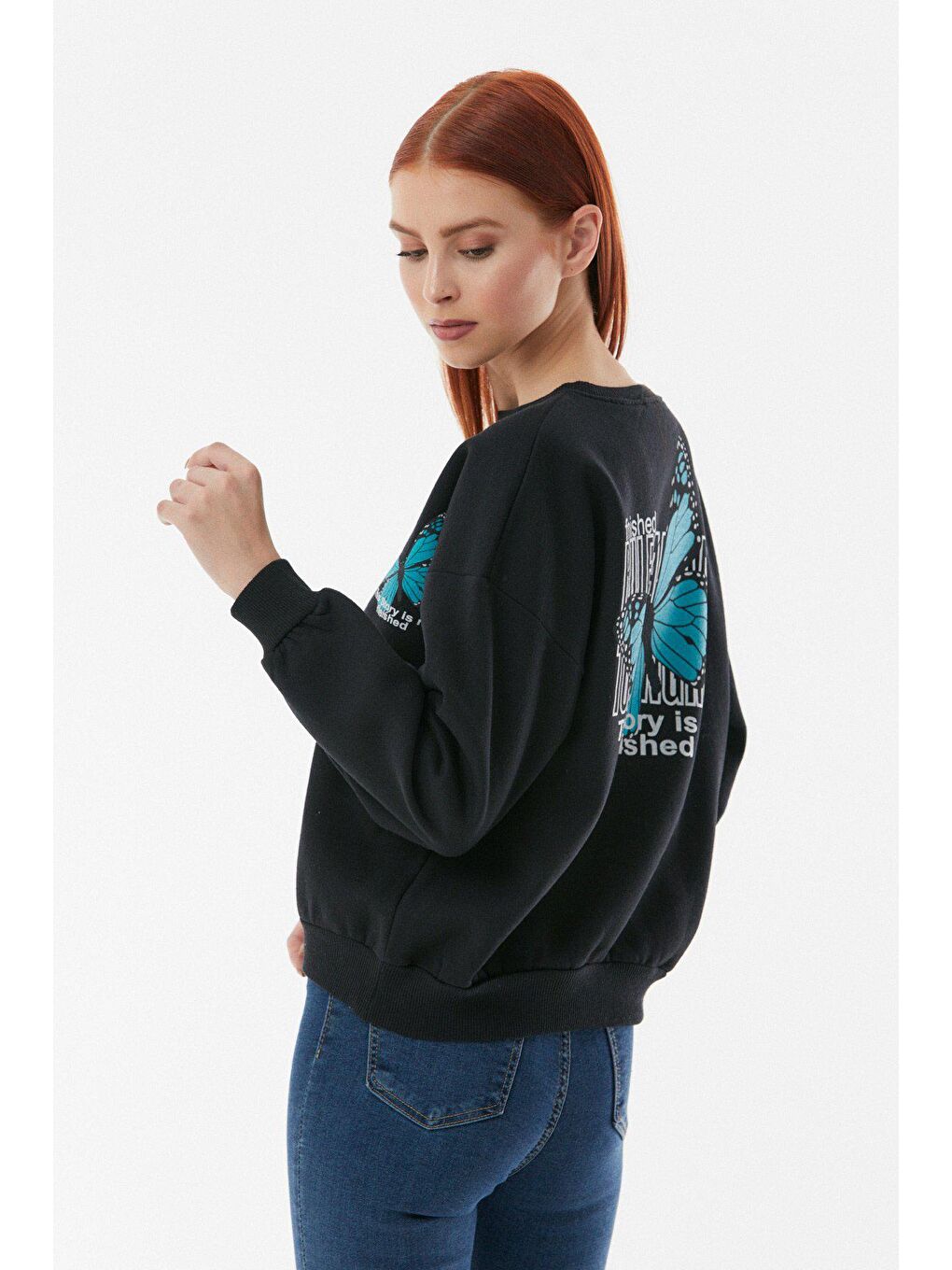 Siyah Kelebek Baskılı Oversize Sweatshirt-2
