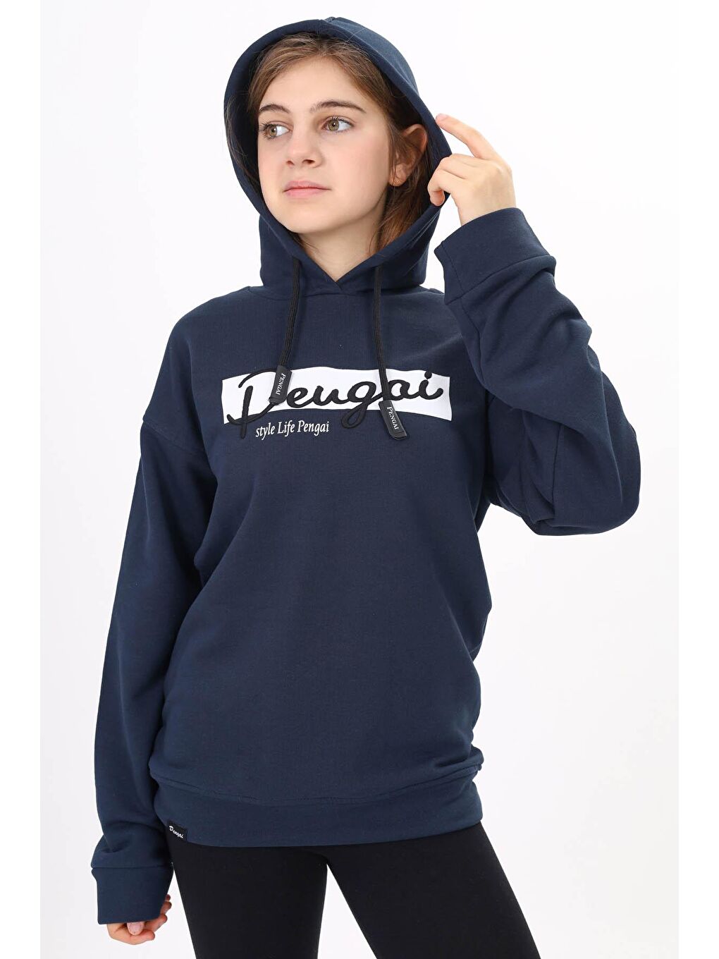 Lacivert Yazı Nakışlı Kapüşonlu Kız Çocuk Sweatshirt 16445-2