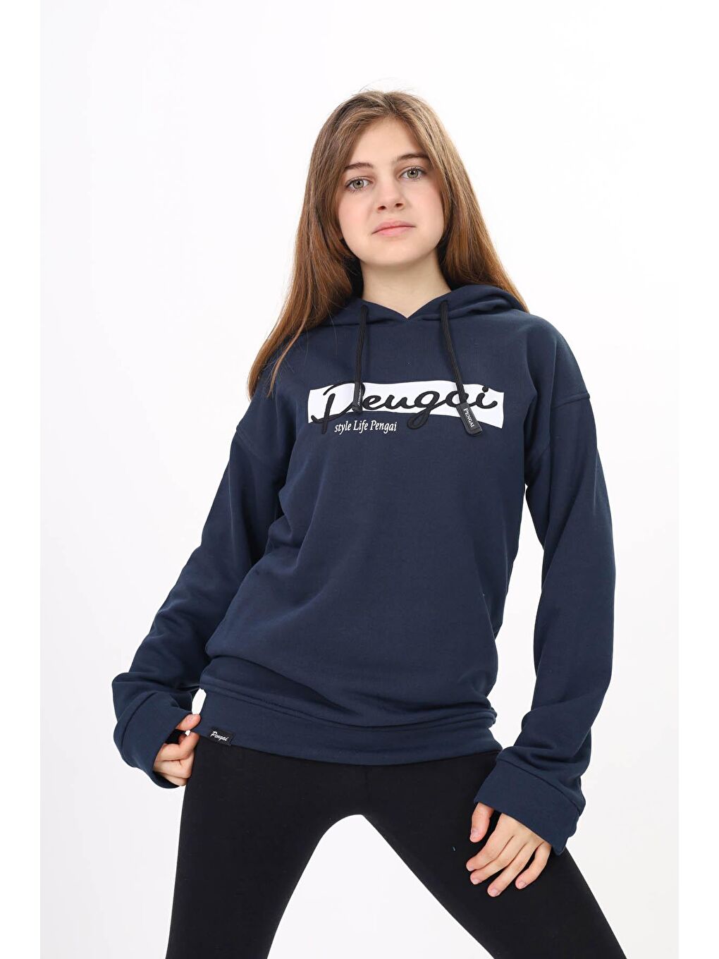 Lacivert Yazı Nakışlı Kapüşonlu Kız Çocuk Sweatshirt 16445-3