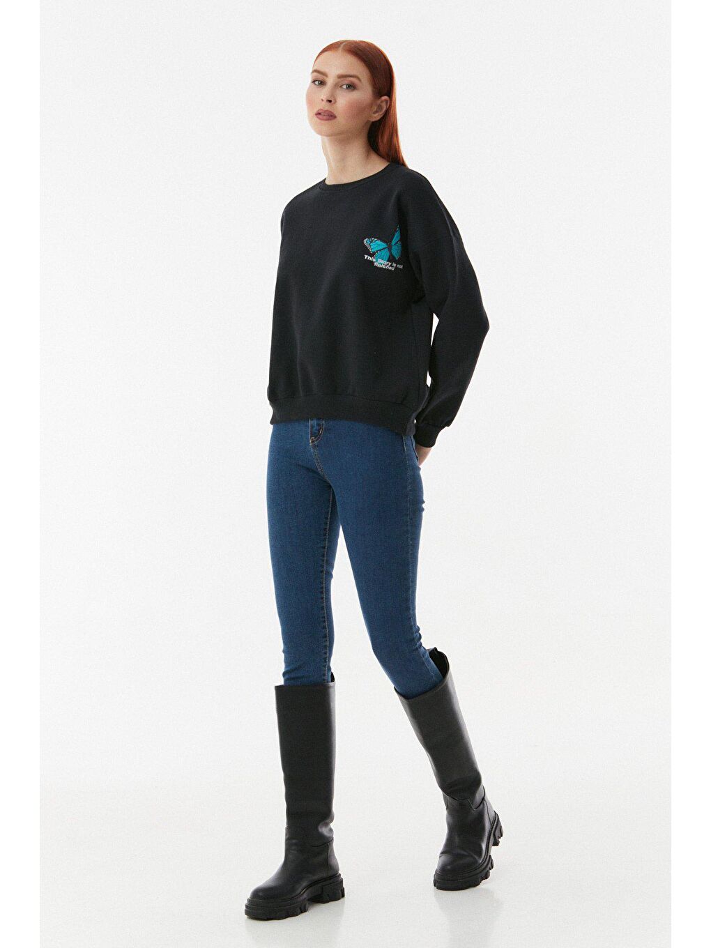 Siyah Kelebek Baskılı Oversize Sweatshirt-3