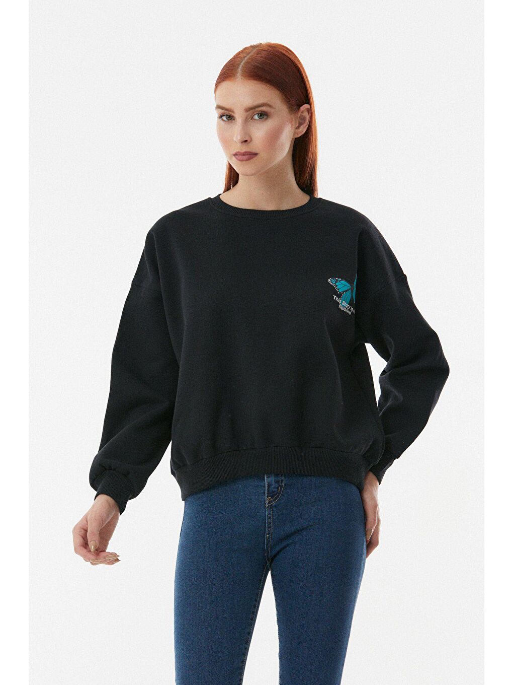 Siyah Kelebek Baskılı Oversize Sweatshirt-4