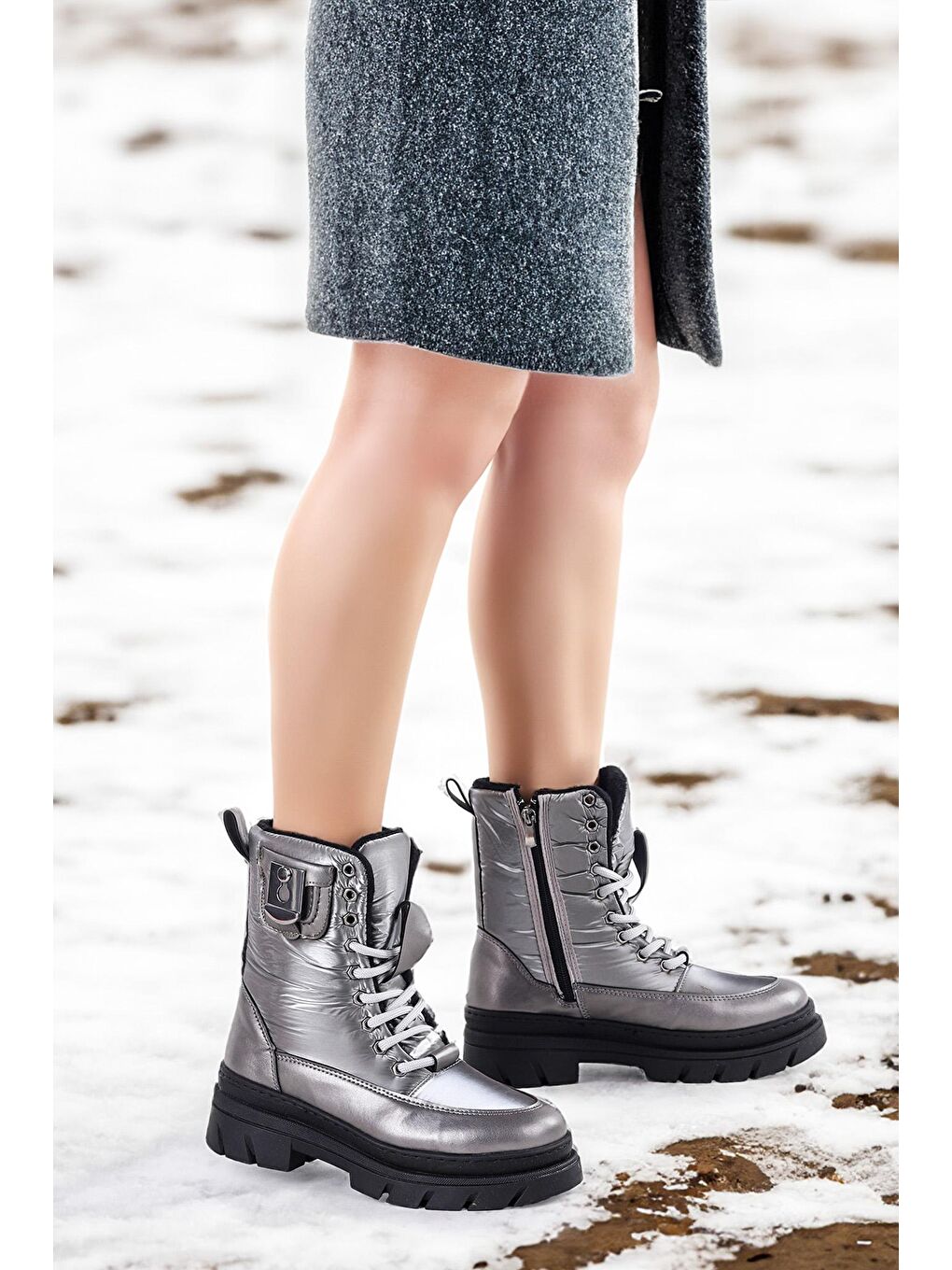 Bej Cilt Fermuarlı Termo Taban Kadın Günlük Bot Ayakkabı Fls 09-014