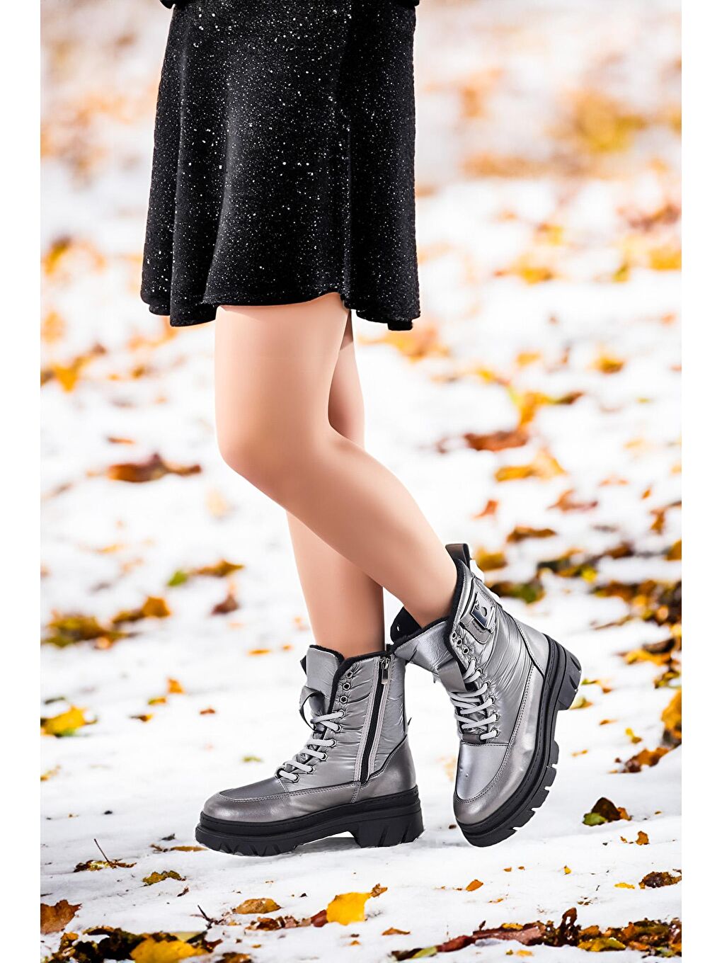 Bej Cilt Fermuarlı Termo Taban Kadın Günlük Bot Ayakkabı Fls 09-014-1