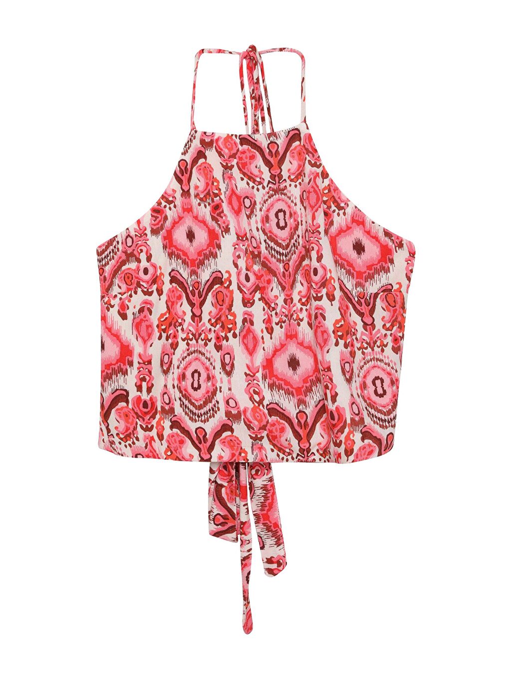 Sırtı Bağlama Detaylı Desenli Bluz Kırmızı-1