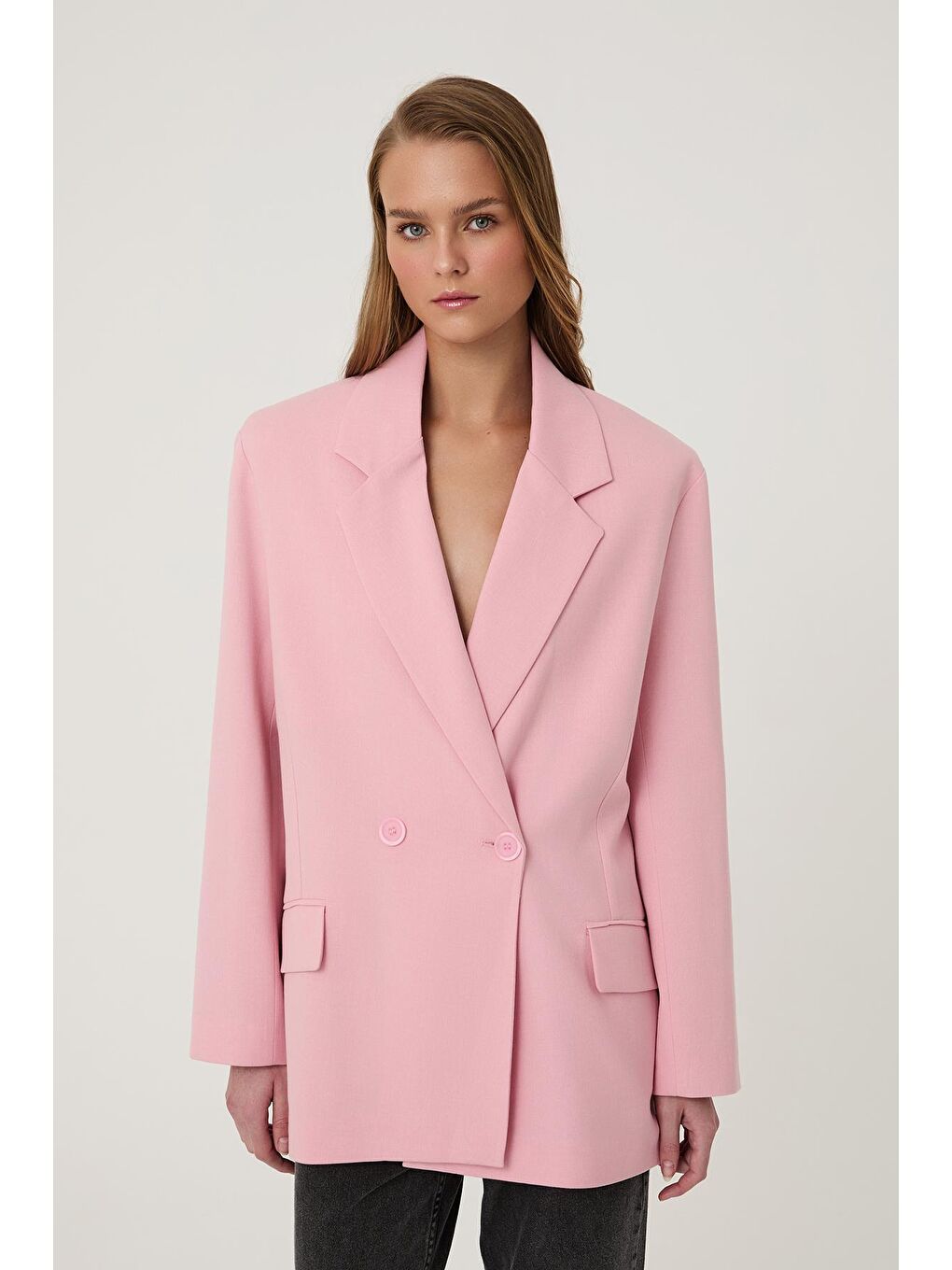 QUZU Pembe Kruvaze Yaka Oversize Blazer Ceket Pembe