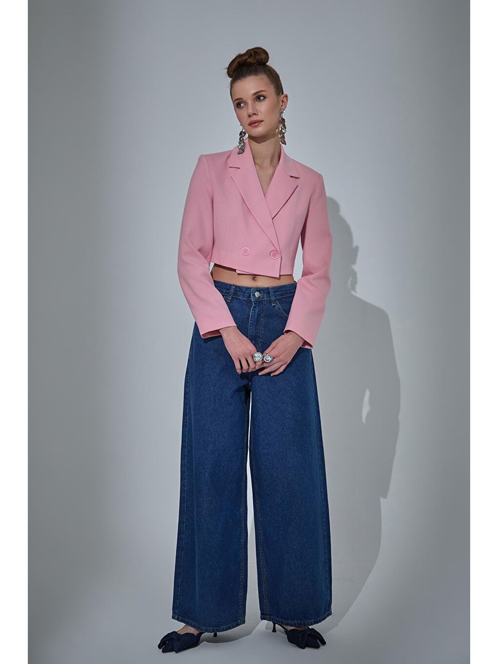 QUZU Pembe Vatka Detaylı Crop Blazer Ceket Pembe - 3