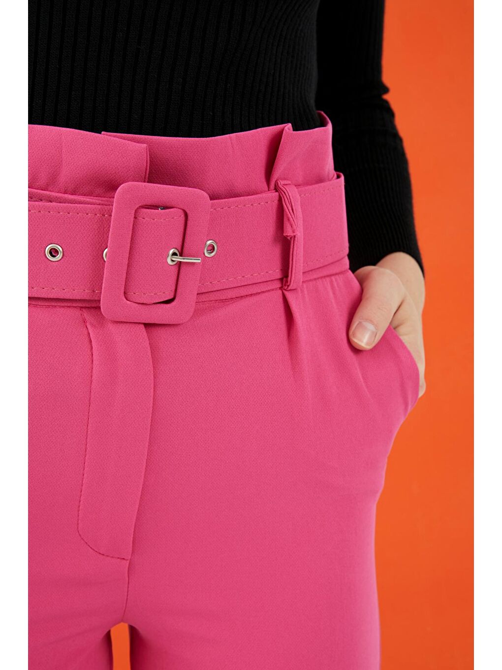 Kadın Pembe Kemerli Yüksek Bel Kumaş Pantolon-1