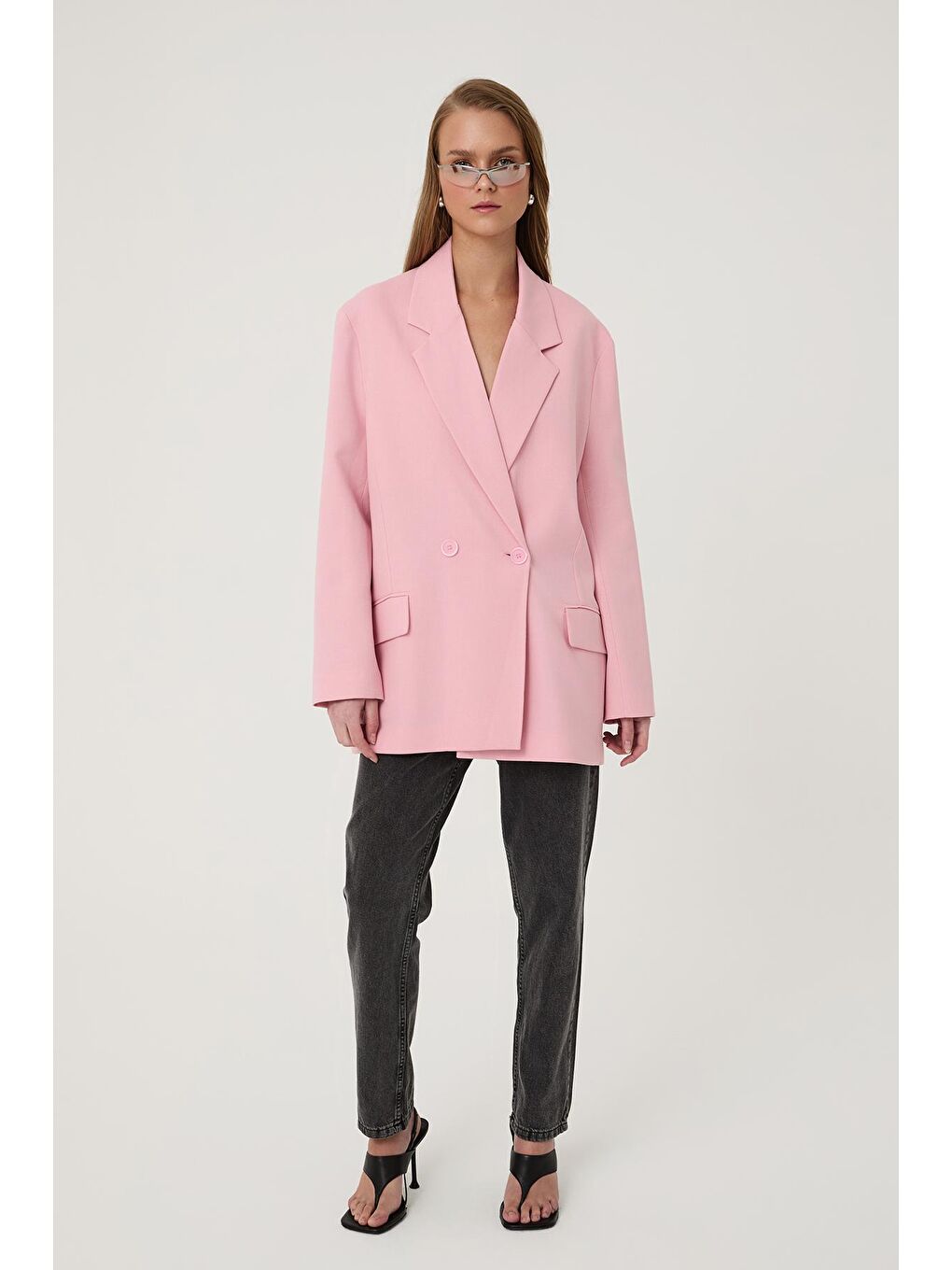 QUZU Pembe Kruvaze Yaka Oversize Blazer Ceket Pembe - 1