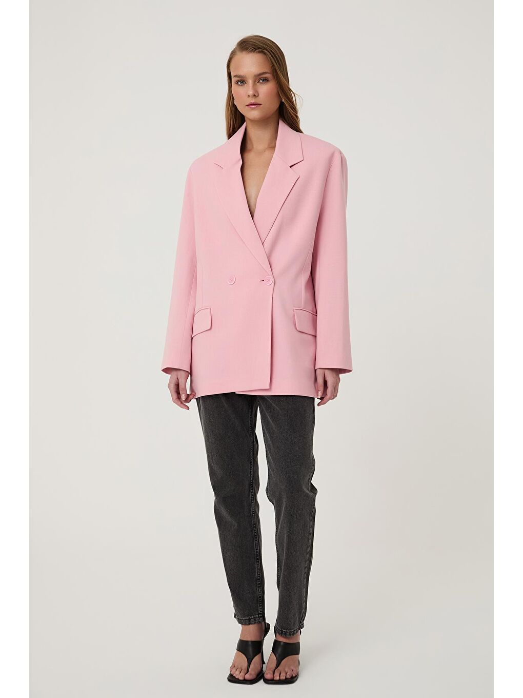 QUZU Pembe Kruvaze Yaka Oversize Blazer Ceket Pembe - 2