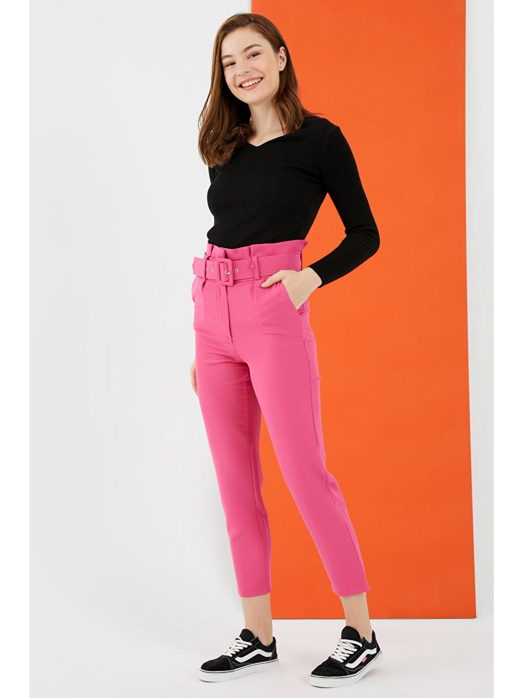 Kadın Pembe Kemerli Yüksek Bel Kumaş Pantolon-2
