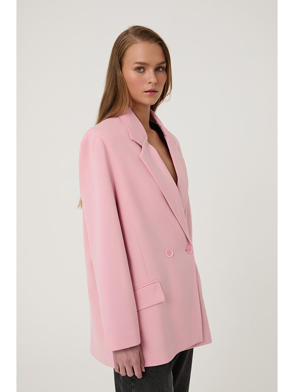 QUZU Pembe Kruvaze Yaka Oversize Blazer Ceket Pembe - 3