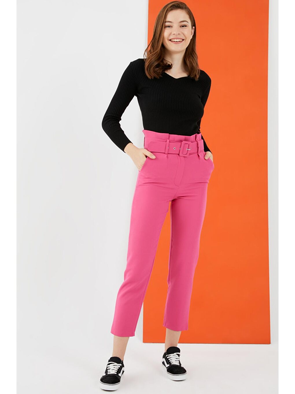 Kadın Pembe Kemerli Yüksek Bel Kumaş Pantolon-3