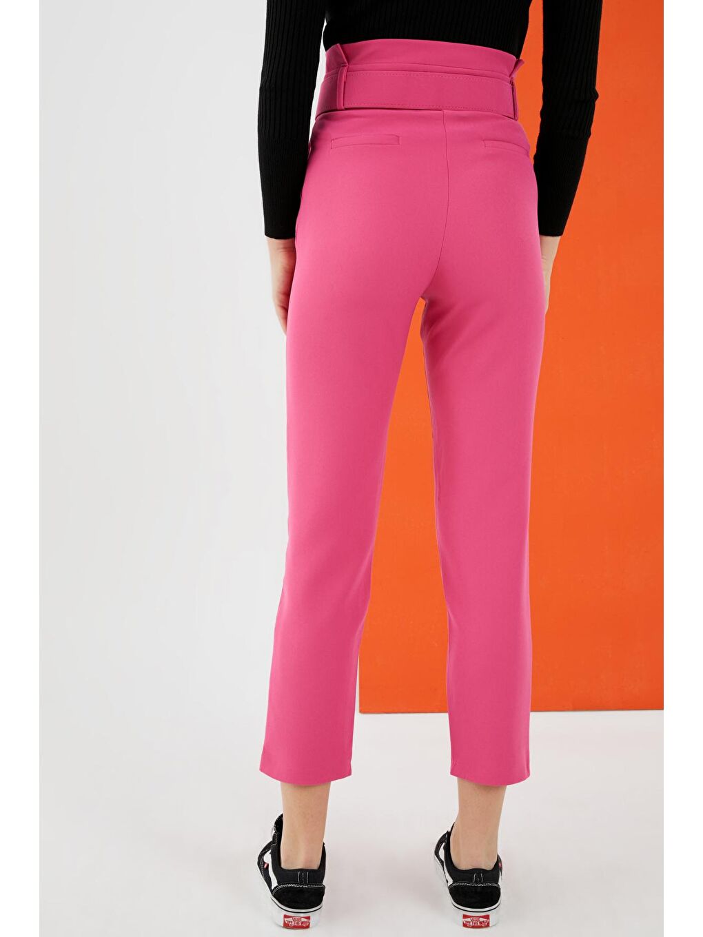 Kadın Pembe Kemerli Yüksek Bel Kumaş Pantolon-4