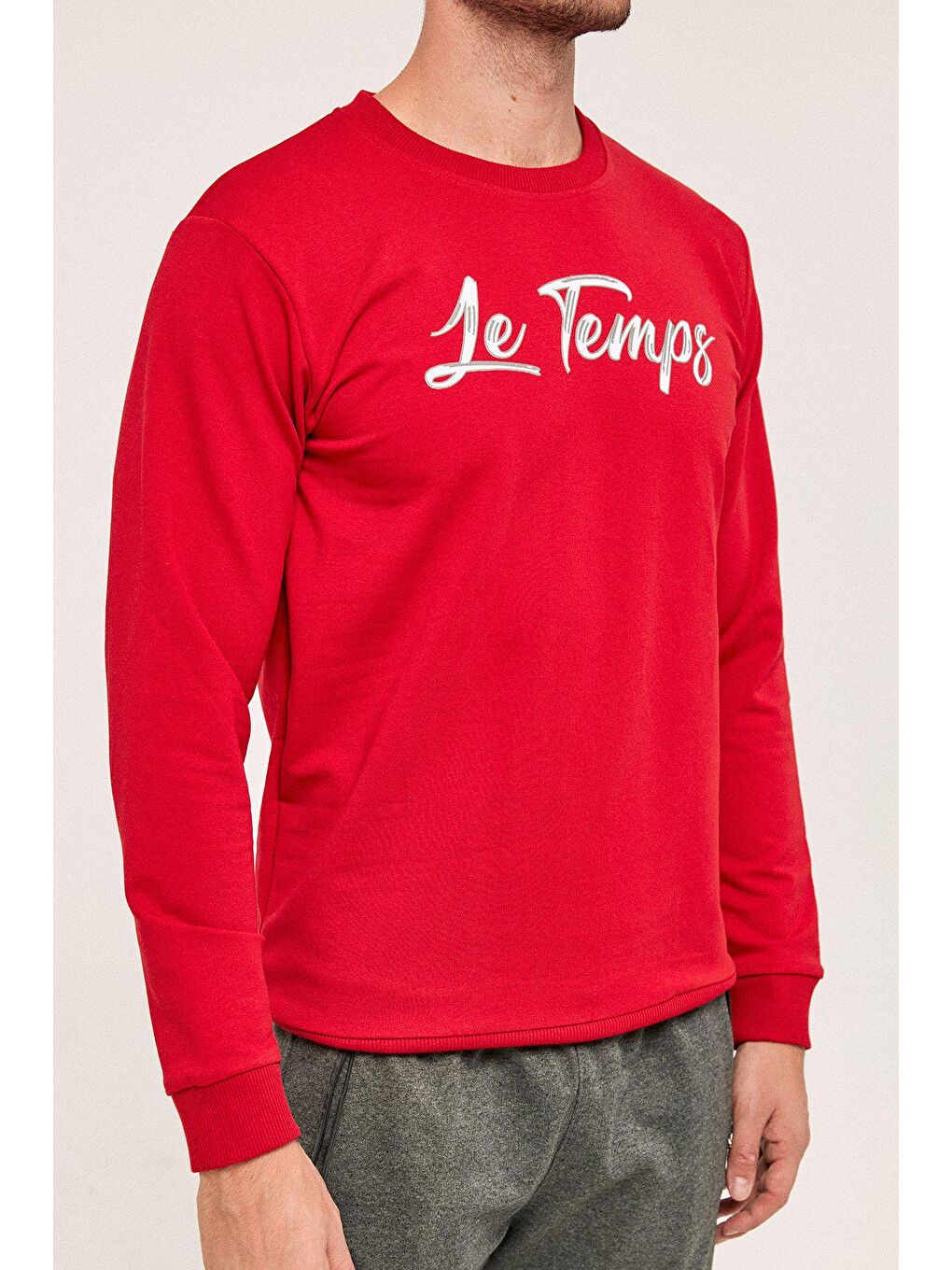 Kırmızı Le Temps Baskılı Bisiklet Yaka Sweatshirt-4