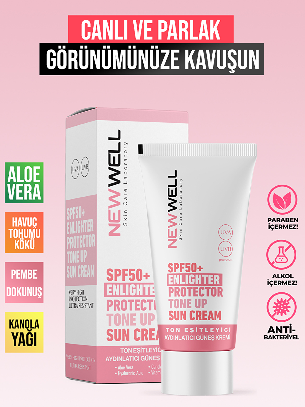 New Well Krem Ton Eşitleyici SPF 50+ Aydınlatıcı Pembe Yüz Güneş Kremi