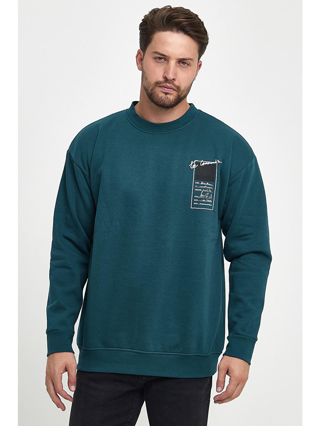 Rodi Petrol 3 İplik Şardonlu Bisiklet Yaka Erkek Sweatshirt