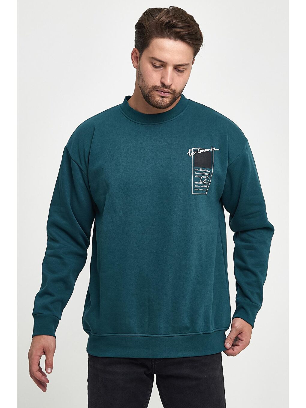 Rodi Petrol 3 İplik Şardonlu Bisiklet Yaka Erkek Sweatshirt - 1