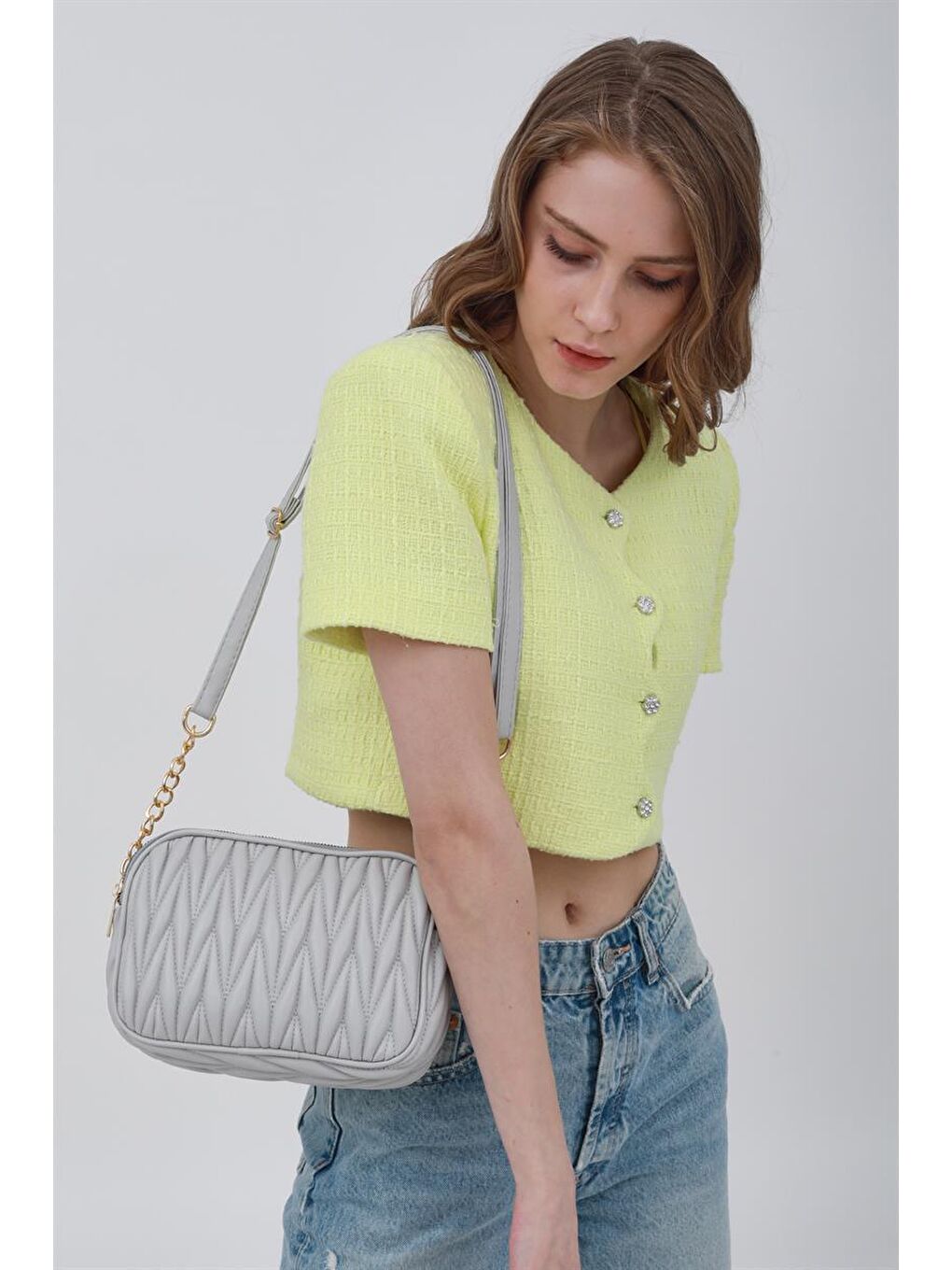 Çok Bölmeli Kapitoneli Çapraz Çanta Gri-2