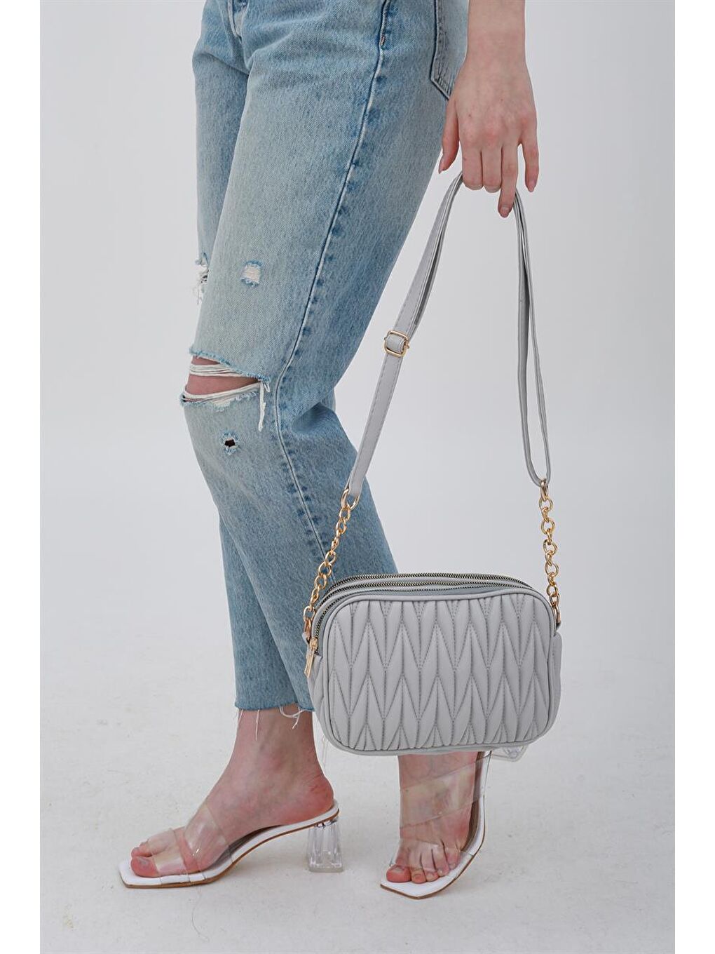 Çok Bölmeli Kapitoneli Çapraz Çanta Gri-3