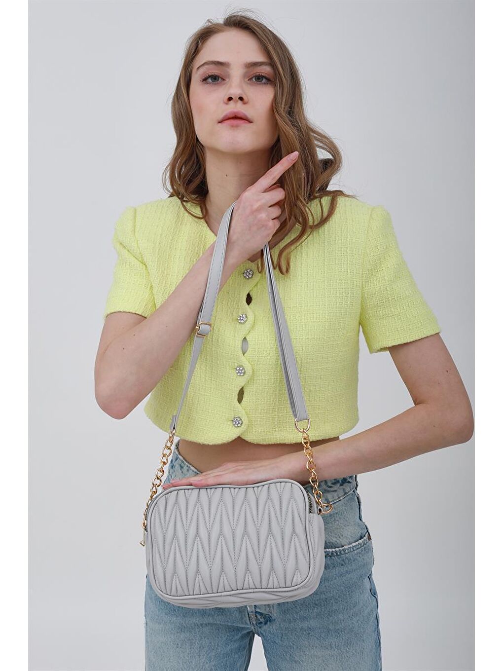 Çok Bölmeli Kapitoneli Çapraz Çanta Gri-4