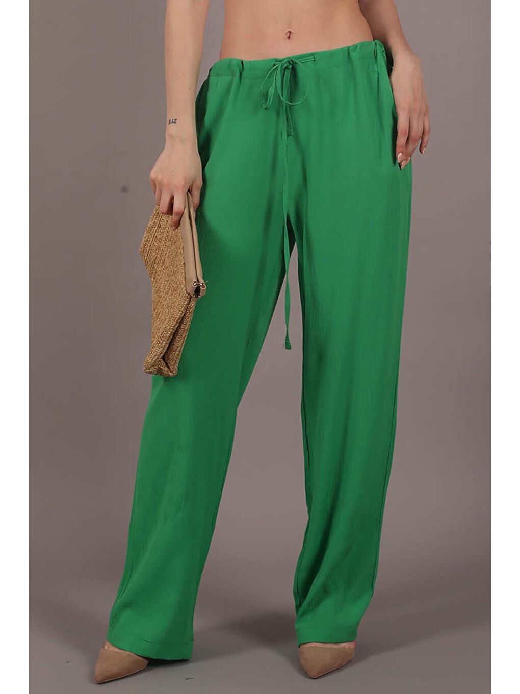 Madmext Yeşil Krinkıl Kumaş Basic Kadın Plaj Pantolon Mg1778