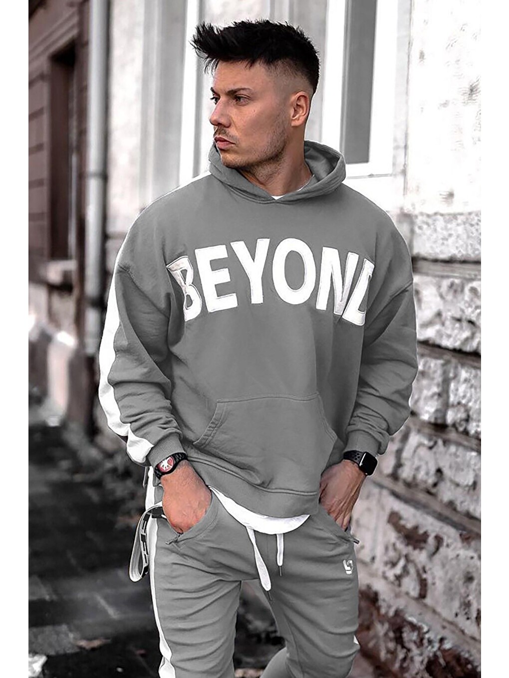 Boyalı Gri Kapüşonlu Sweatshirt 5327-1