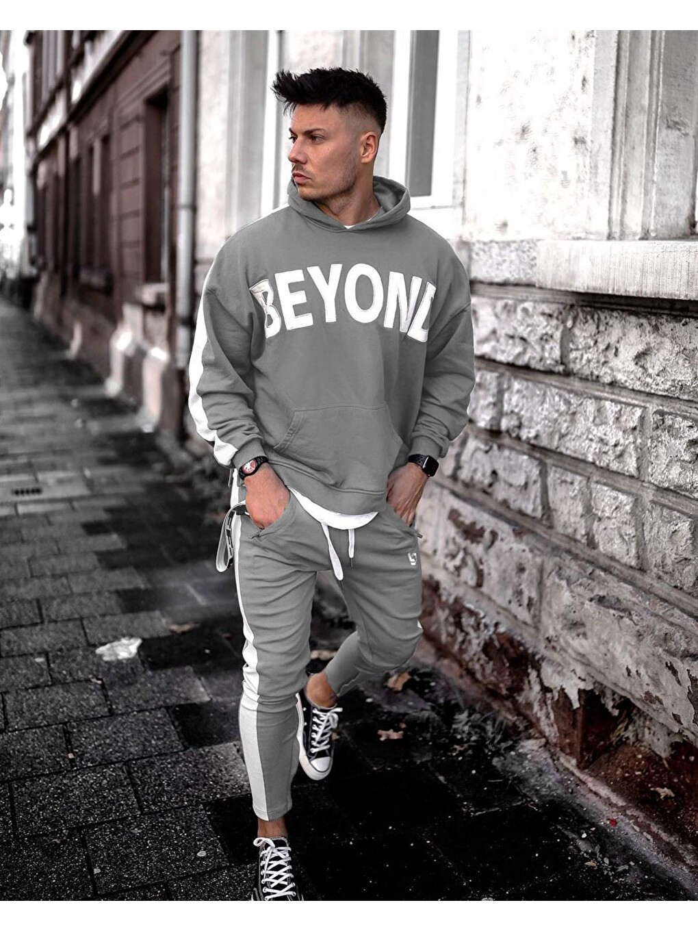 Boyalı Gri Kapüşonlu Sweatshirt 5327-2