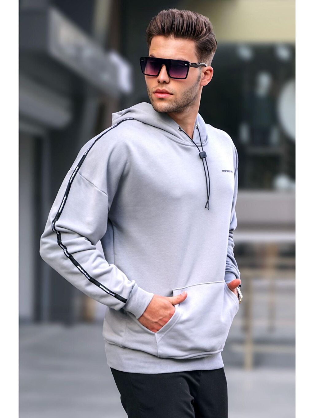 Madmext Gri Baskılı Boyalı Gri Kapüşonlu Sweatshirt 4721