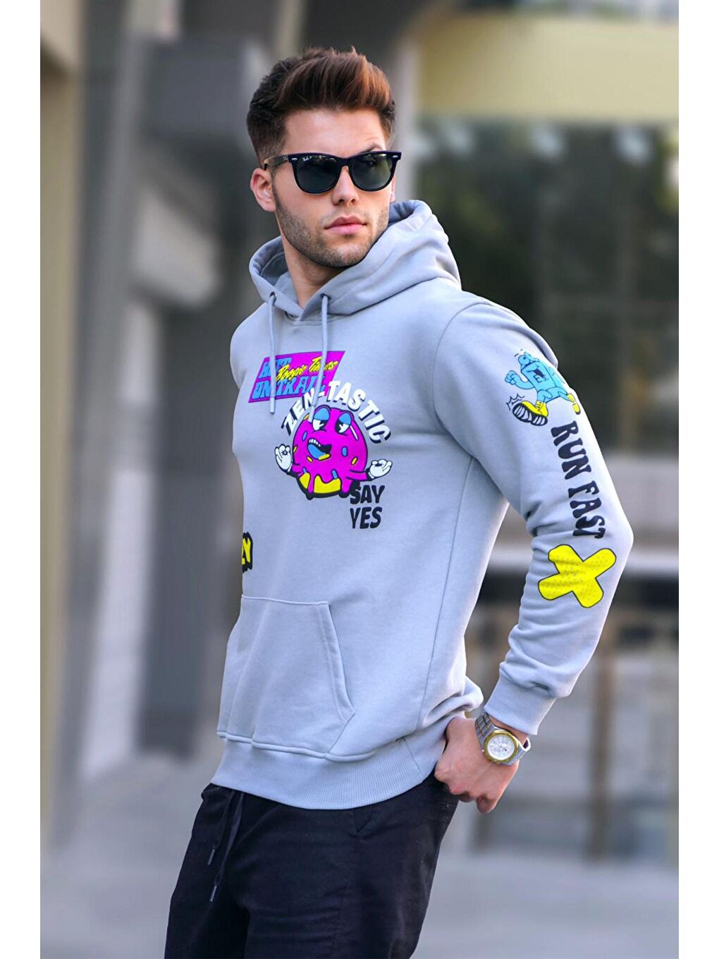 Madmext Gri Baskılı Boyalı Gri Baskılı Kapüşonlu Sweatshirt 5896