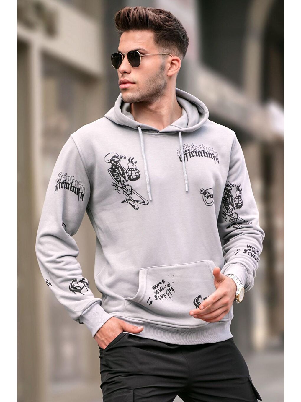 Madmext Gri Baskılı Boyalı Gri Baskılı Kapüşonlu Sweatshirt 5895