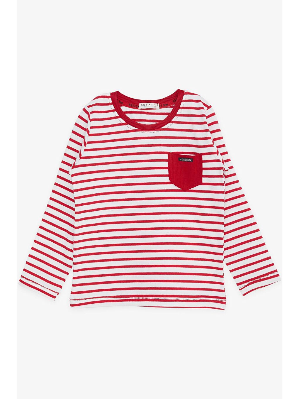 Erkek Çocuk Uzun Kollu Tişört Çizgili Cepli Armalı Kırmızı (3-8 Yaş)