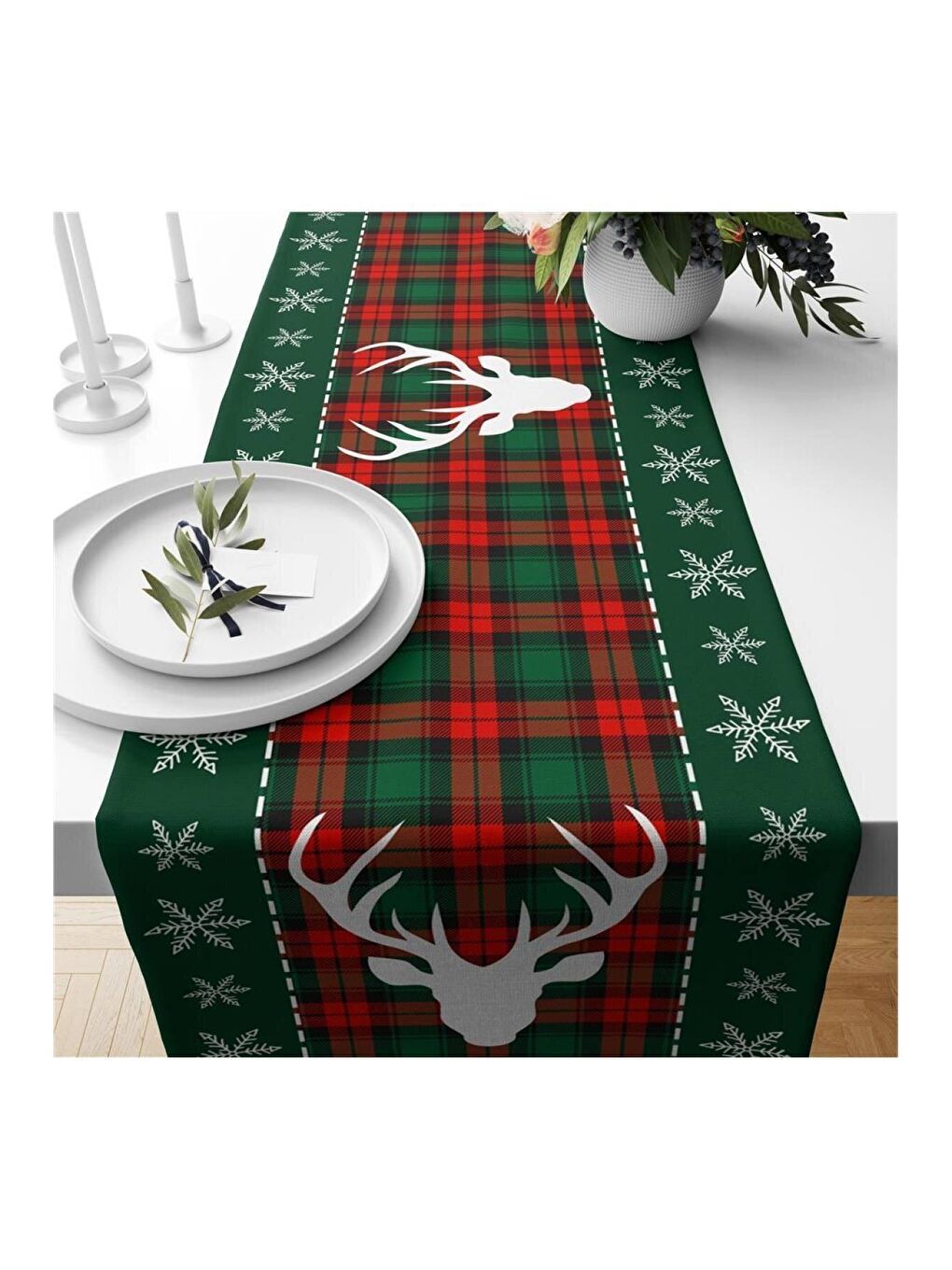 Karışık Yılbaşı Temalı Geyik Desenli Kadife Runner 40x140 cm