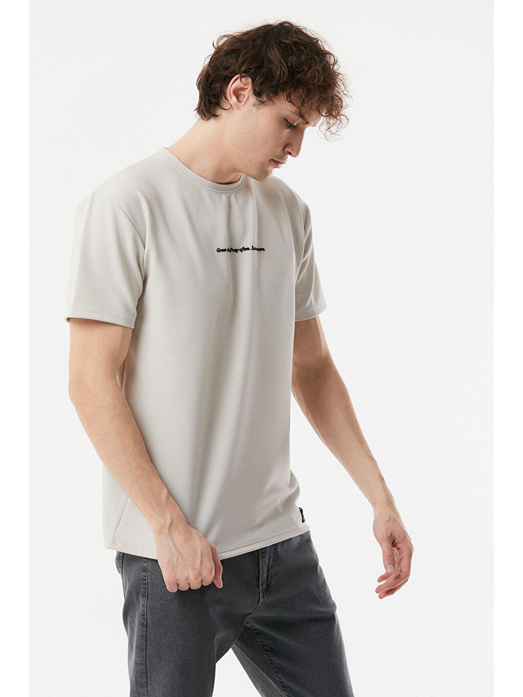 Bej Baskılı Bisiklet Yaka Tişört-2